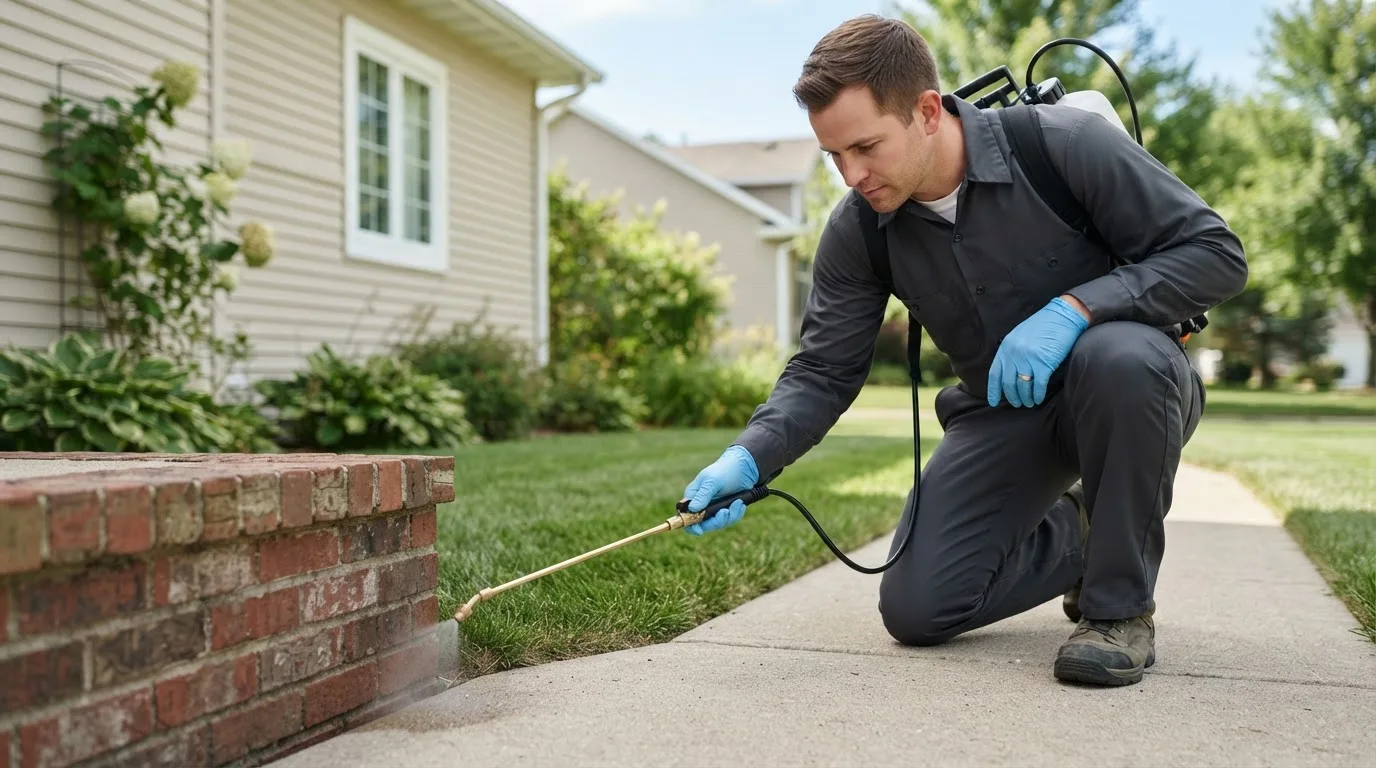 Pest control technician treating a home near Florence, AL